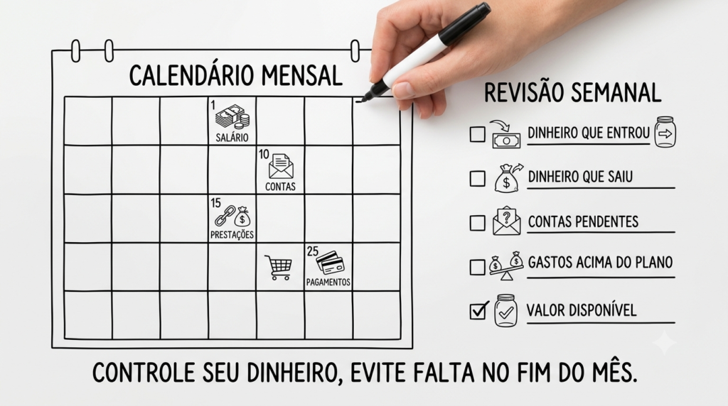 Calendário financeiro com datas de contas e checklist para revisão semanal do orçamento