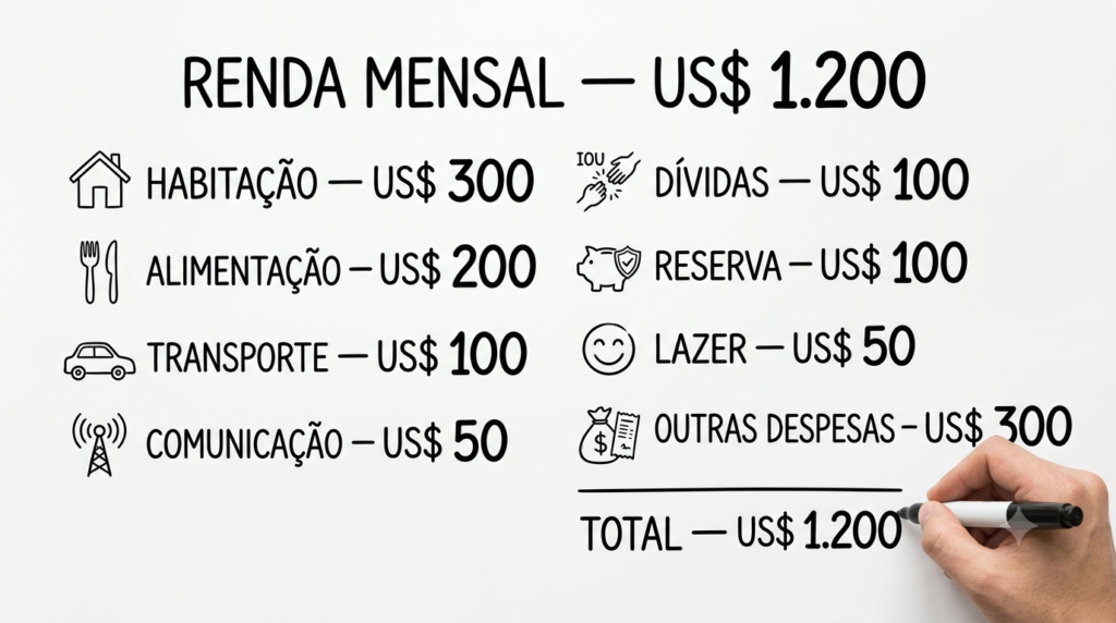 Exemplo visual de orçamento mensal com renda de US$ 1.200 distribuída por categorias