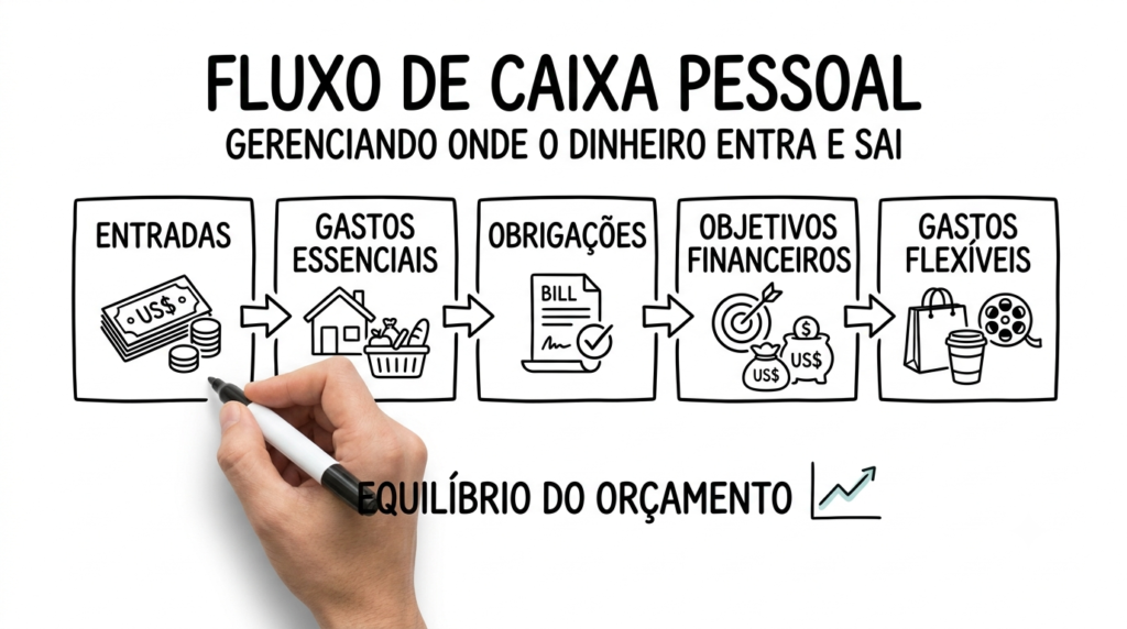 Fluxo de organização do dinheiro entre renda, necessidades, obrigações e objetivos financeiros