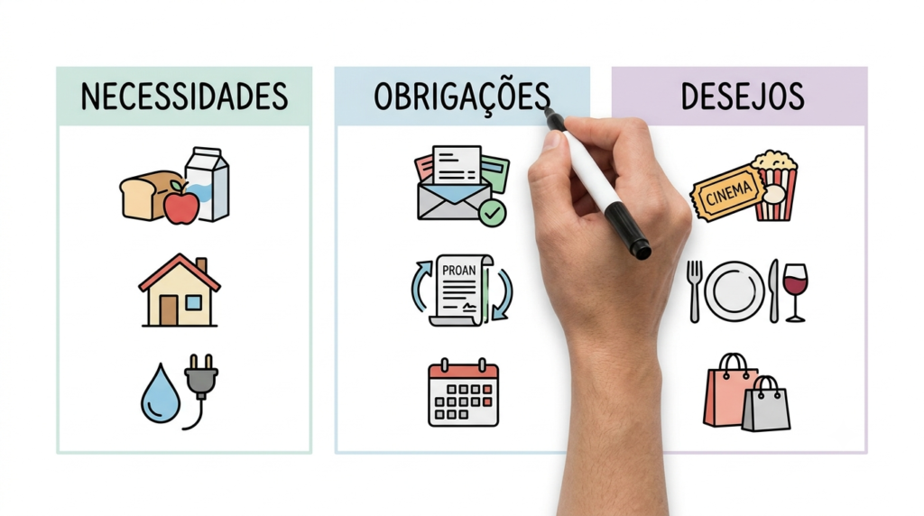 Ilustração que divide as despesas entre necessidades, obrigações e desejos
