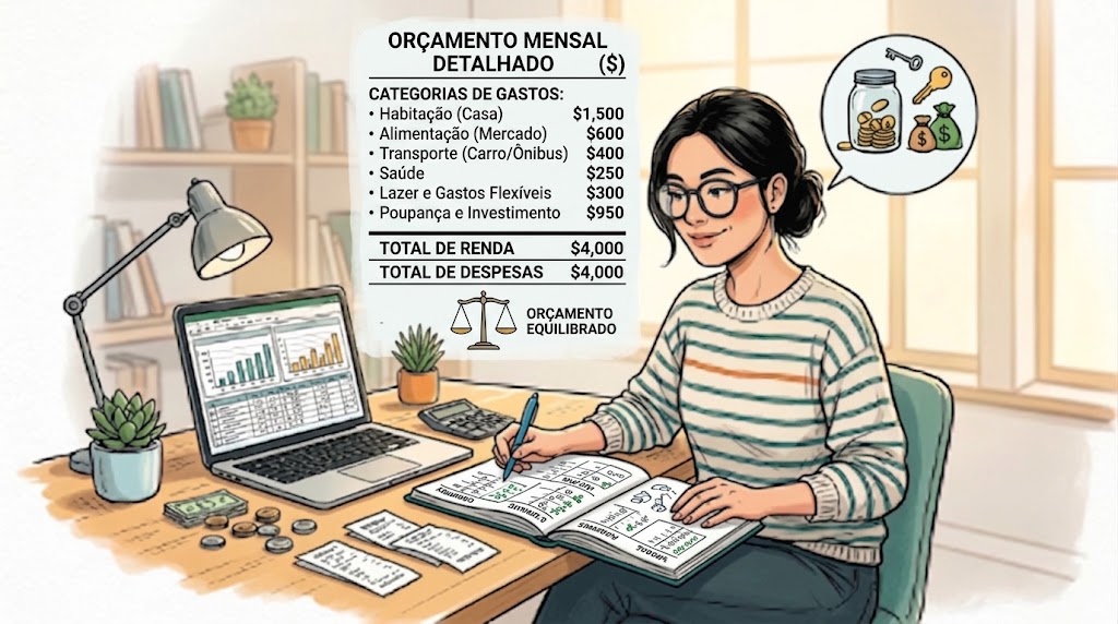uma visão organizada de um orçamento mensal dividido em categorias, com valores sendo equilibrados até fechar exatamente o total da renda