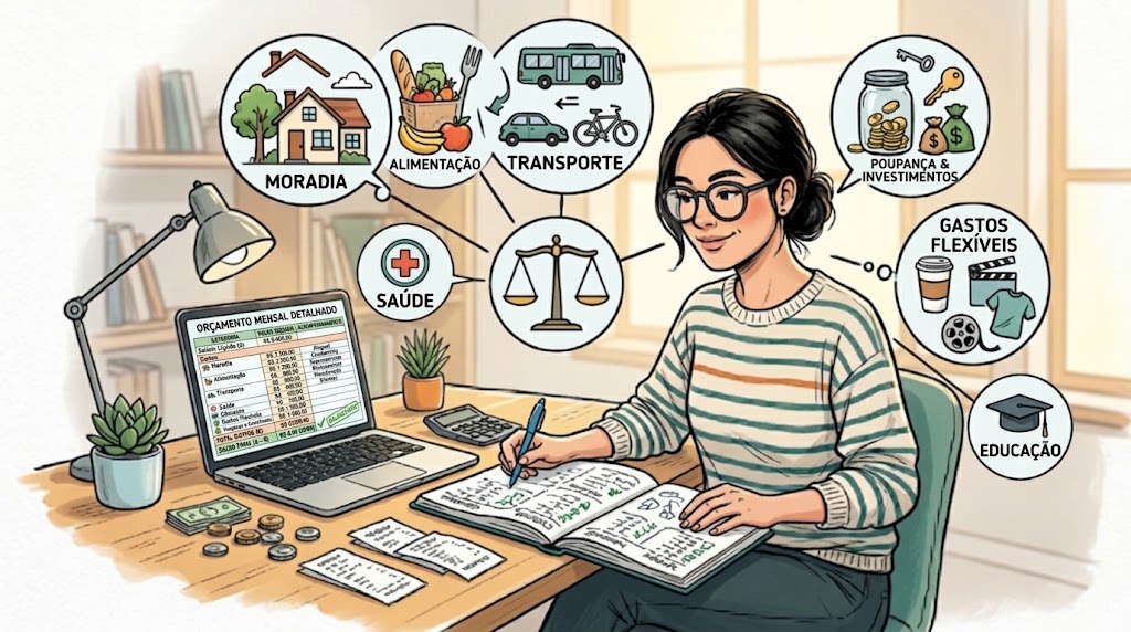 Ilustração sugerida: uma pessoa analisando pequenos gastos anotados em um caderno enquanto observa uma planilha financeira no computador.