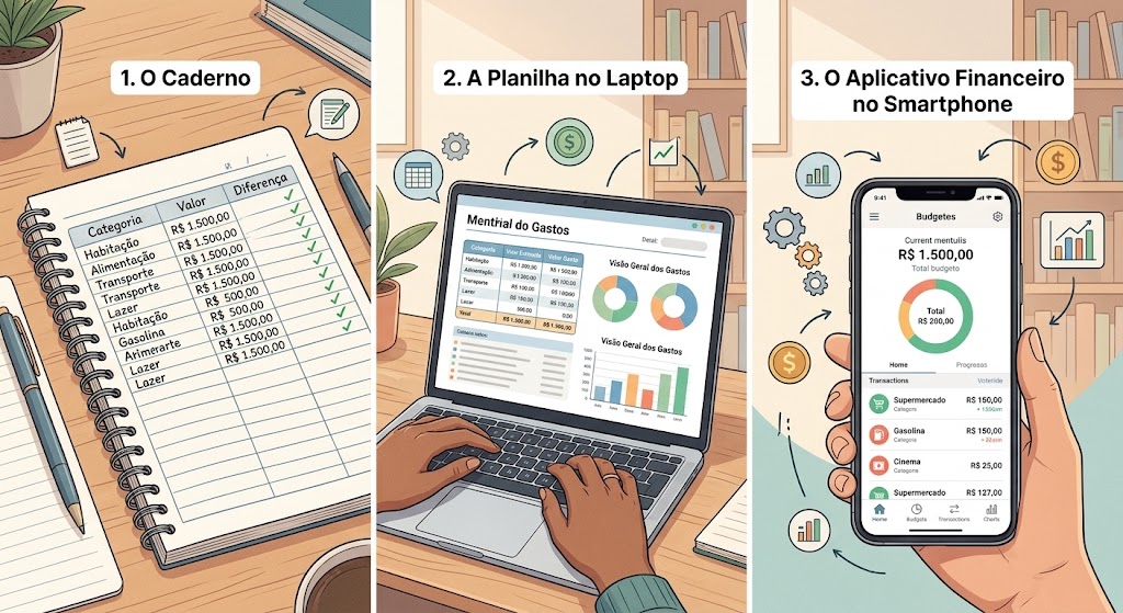 composição visual mostrando três formas de controlar o orçamento: caderno, planilha no laptop e aplicativo financeiro no smartphone.