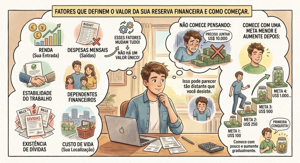 Ilustração: uma progressão visual de pequenas metas de poupança crescendo gradualmente, mostrando que uma reserva é construída passo a passo.