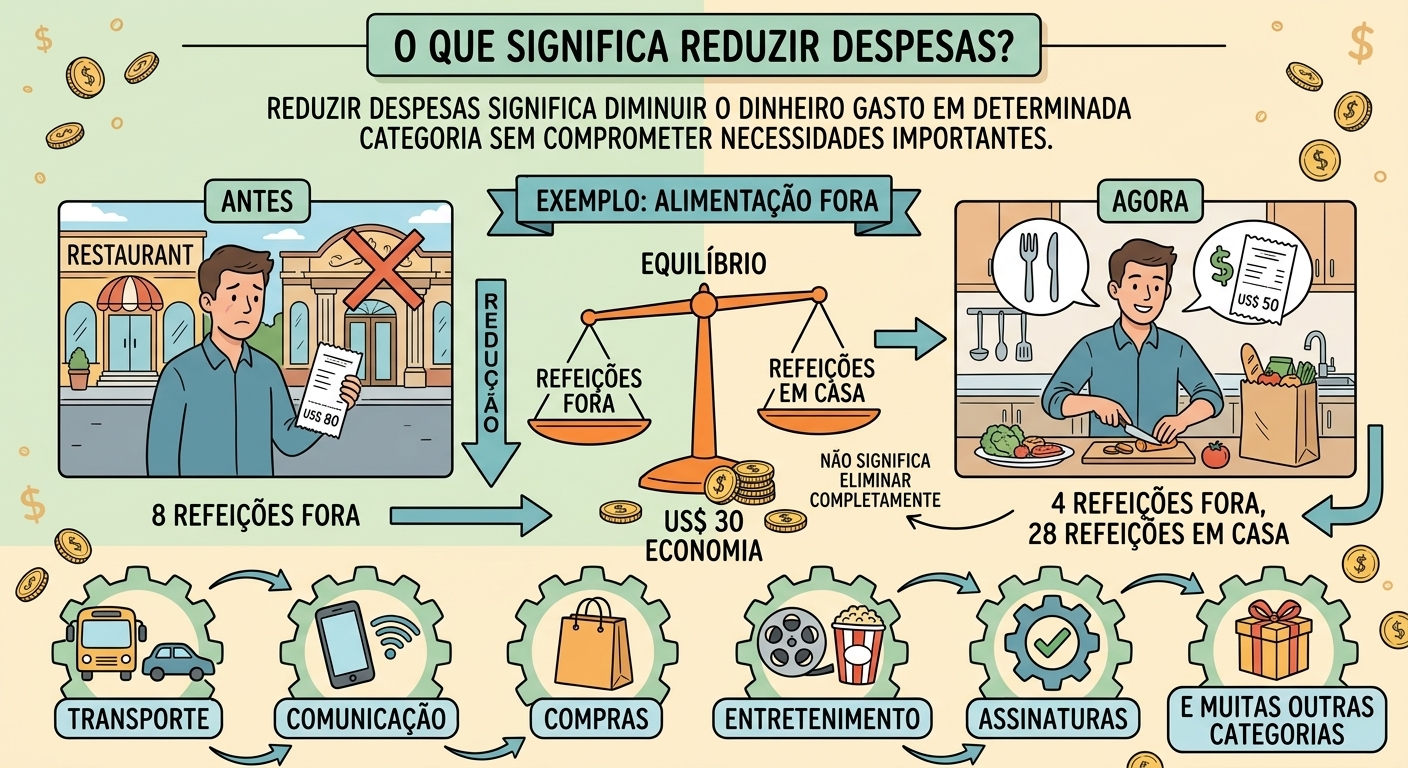 Reduzir despesas significa diminuir o dinheiro gasto em determinada categoria sem comprometer necessidades importantes.
